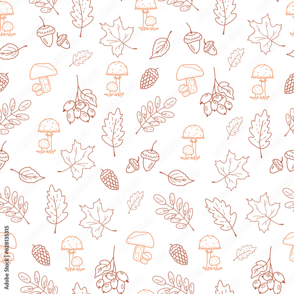 seamless pattern. autumn leaves, mushrooms, cones. doodle style. simple line. pattern on white background