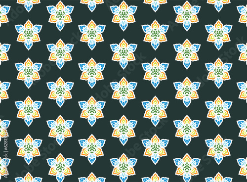 Fabric abstract floral graphic orange on dark green classic style vintage retro illustration vector decorative print textile background wallpaper rug tile.