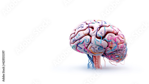 Ai brain with colored wires, chips and microcircuits. Creative. Isolated on white background. Banner. Copy space
