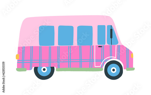 Cartoon pink van for doll. Caravan isolated on white background. .Summer vintage illustration.