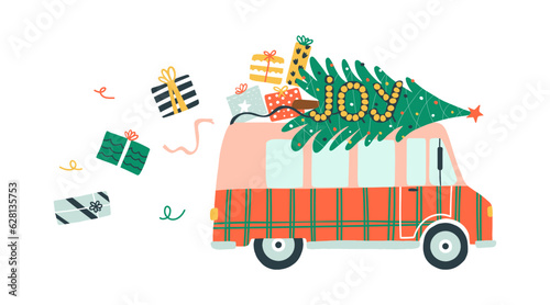 Greeting postcard with retro van. On the roof of caravan Christmas tree and gifts. Christmas truck with signboard lettering joy. Vector illustration for card, cover, t shirt, bag. .