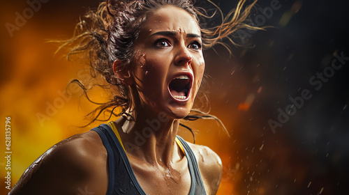 Emotional athletic woman, tears flowing in triumph as she breaches finish line on dynamic action-inspired studio backdrop. Generative AI