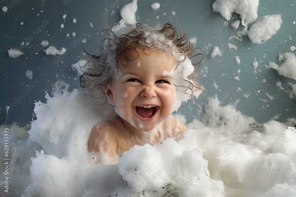 Little boy taking a bath in the tub take bath he plays with bubbles