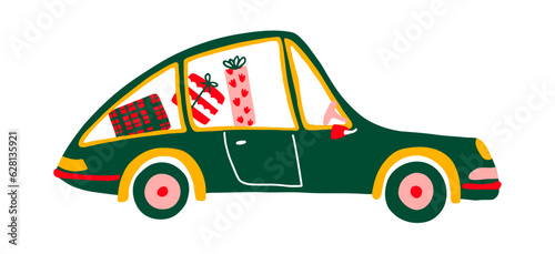 Greeting postcard with retro cartoon targa car. Green car 60-70 years with shopping and gifts for Christmas. Vector illustration for card, cover, t shirt, bag.