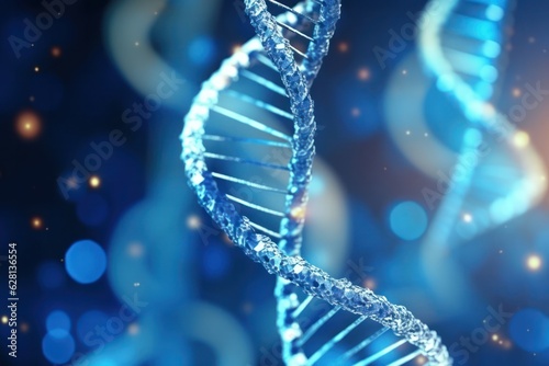 DNA double helix realistic model on blurry background with sparks genetic code medical research