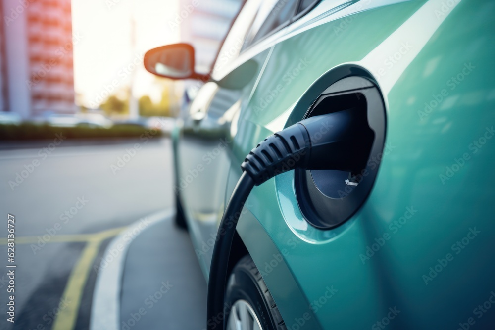In a progressive city, electric cars charge at stations using cable connections. In a progressive city, electric cars charge at stations using cable connections.