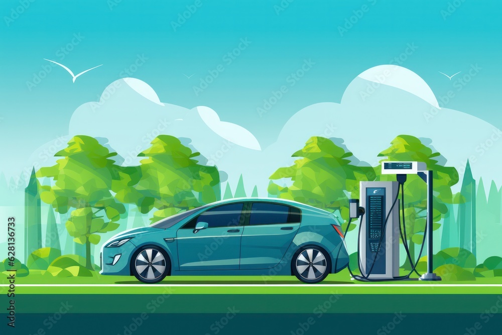 Charging stations in a city provide electric cars with power through connected cables Charging stations in a city provide electric cars with power through connected cables