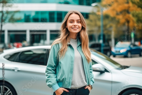 A happy teenage female standing beside new car, expressing pride and satisfaction in her achievement of obtaining a driver license and new car, symbolizing freedom and independence photo