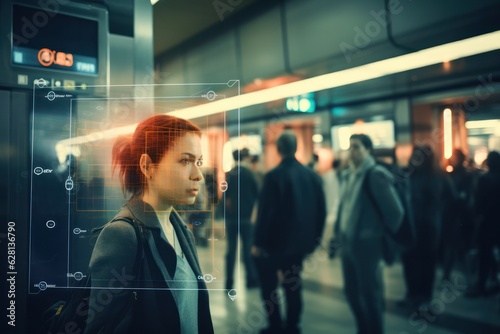 Redhead woman undergoing face recognition procedure standing on city street biometrical detection photo