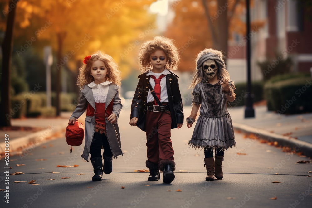 Obraz premium Kids in Halloween costume, funny and spooky tradition. Generative AI