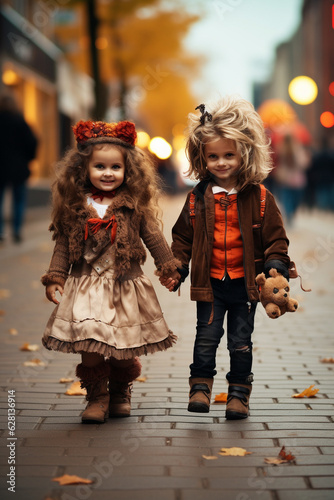 Kids in Halloween costume, funny and spooky tradition. Generative AI