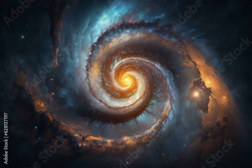 Dark abstract spiral galaxy in deep universe, perfect science astronomy wallpaper. Generative AI