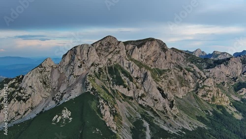 Aerial view of Maglic Mountain in National park Sutjeska. The highest mountain of Bosnia and Herzegovina, beautiful landscape at sunset, 4k photo