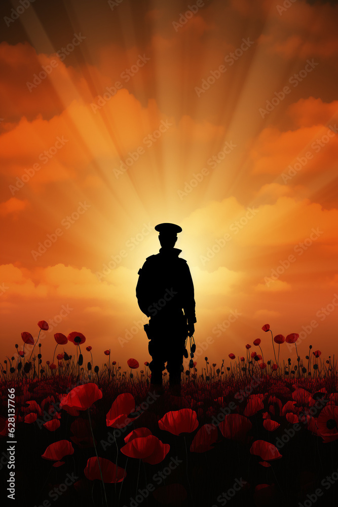 Remembrance Day bakground with World War One soldier and red poppy flowers. Generative AI Remembrance Day bakground with World War One soldier and red poppy flowers. Generative AI