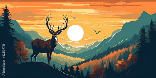AI Generated. AI Generative. Nature outdoor forest mountain deer animal background. Adventure trekking hunting landscape background poster. Graphic Art © AkimD
