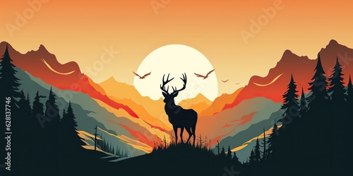 AI Generated. AI Generative. Nature outdoor forest mountain deer animal background. Adventure trekking hunting landscape background poster. Graphic Art © AkimD