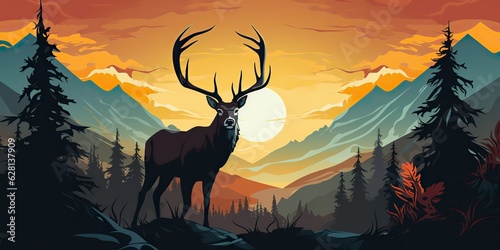 AI Generated. AI Generative. Nature outdoor forest mountain deer animal background. Adventure trekking hunting landscape background poster. Graphic Art