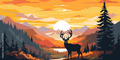 AI Generated. AI Generative. Nature outdoor forest mountain deer animal background. Adventure trekking hunting landscape background poster. Graphic Art