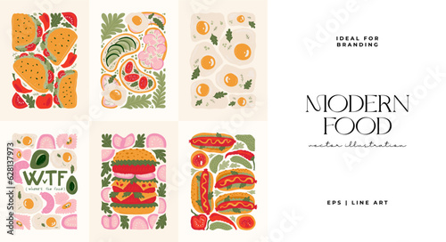 Food abstract elements. Food and healsy composition. Modern trendy Matisse minimal style. Restaurant and kitchen poster, invite. Vector arrangements for greeting card or invitation design