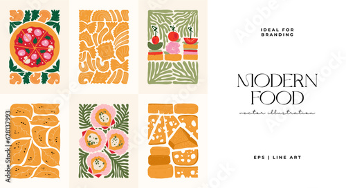 Food abstract elements. Food and healsy composition. Modern trendy Matisse minimal style. Restaurant and kitchen poster, invite. Vector arrangements for greeting card or invitation design