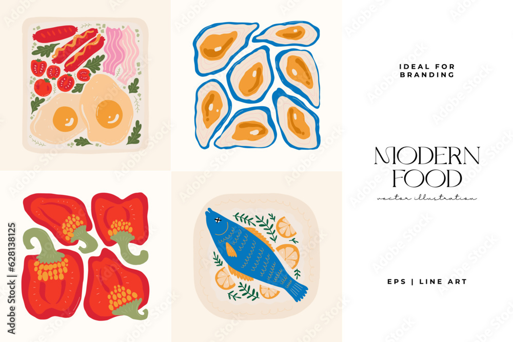 Food abstract elements. Food and healsy composition. Modern trendy Matisse minimal style. Restaurant and kitchen poster, invite. Vector arrangements for greeting card or invitation design