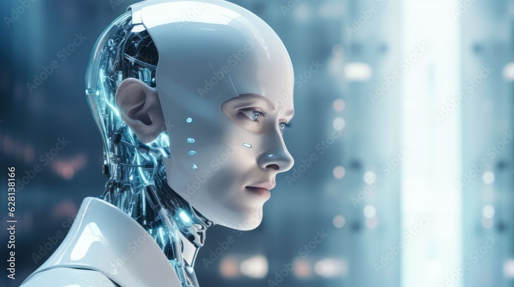 Humanoid female AI futuristic android, cyborg robot, vibrant neon neural network, futuristic technology & artificial intelligence concept with head with binary code background. Generative AI Humanoid female AI futuristic android, cyborg robot, vibrant neon neural network, futuristic technology & artificial intelligence concept with head with binary code background. Generative AI