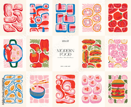 Food abstract elements. Food and healsy composition. Modern trendy Matisse minimal style. Restaurant and kitchen poster, invite. Vector arrangements for greeting card or invitation design