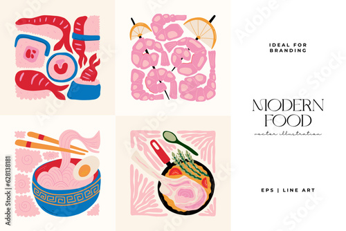 Food abstract elements. Food and healsy composition. Modern trendy Matisse minimal style. Restaurant and kitchen poster, invite. Vector arrangements for greeting card or invitation design