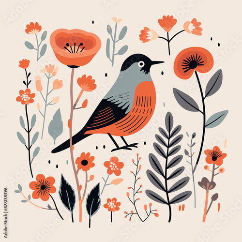 Bird with flowers. Vector illustration. Abstract illustration.