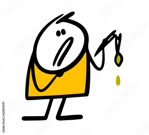Sad child looks disappointed at a broken brush with green paint. Vector illustration the artist has ruined a tool for creativity.