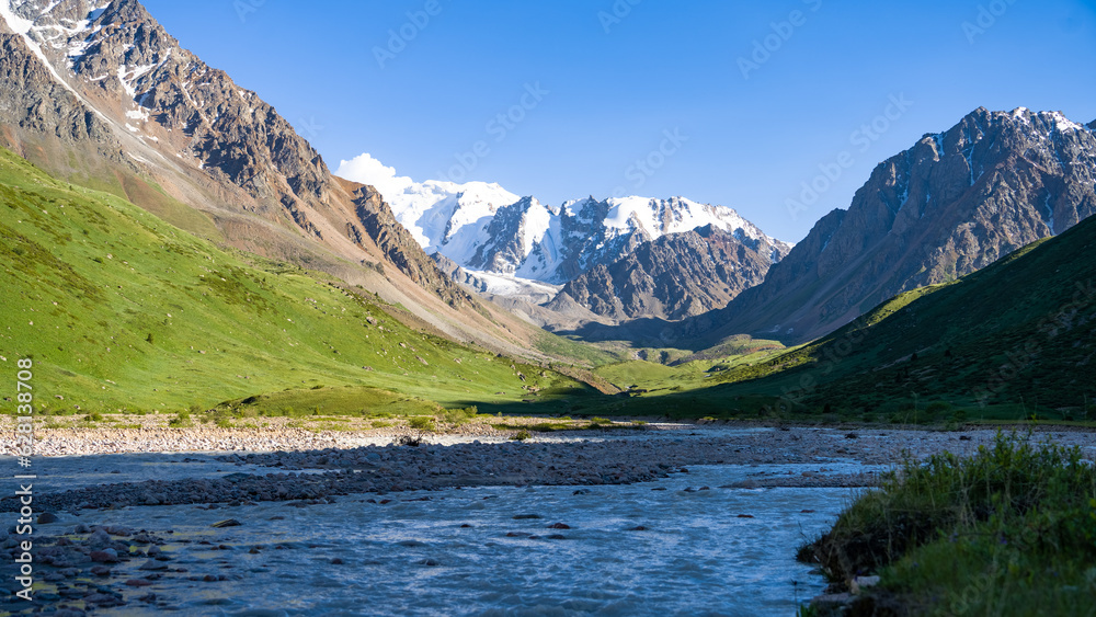 a stormy river in a beautiful mountain gorge. summer mountains. green gorge