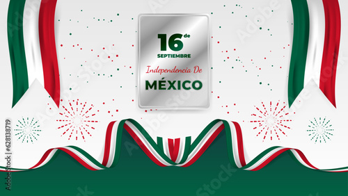 Decorative Día de La Independencia de México Greeting on Silver Plate with Wavy Mexican National Flags Ribbons