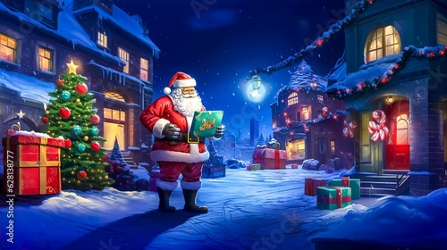 cartoon Santa Claus delivers Christmas gifts for the holidays in winter village, made with Generative AI