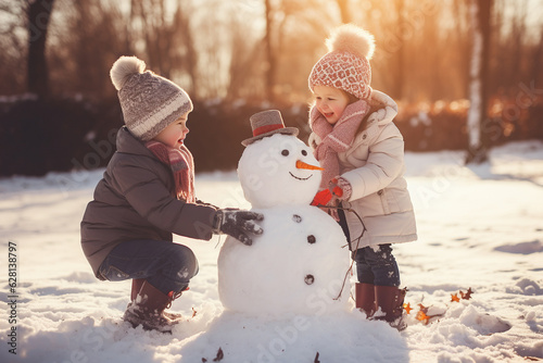 Happy kids building snowman in the garden at sunny winter day. Generative AI photo