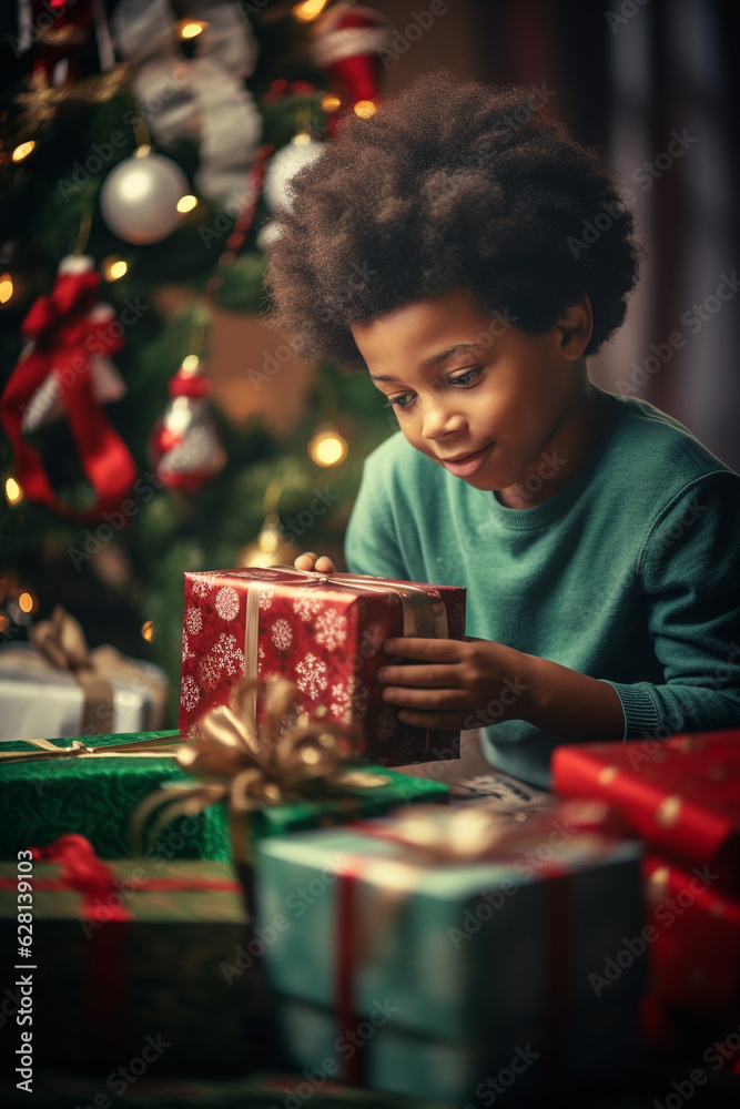Happy young boy opening Christmas gifts and presents under Christmas tree. Generative AI Happy young boy opening Christmas gifts and presents under Christmas tree. Generative AI