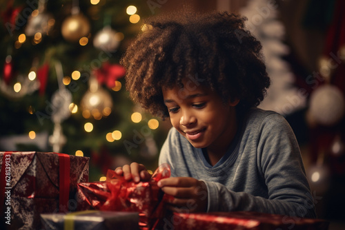 Happy young boy opening Christmas gifts and presents under Christmas tree. Generative AI
