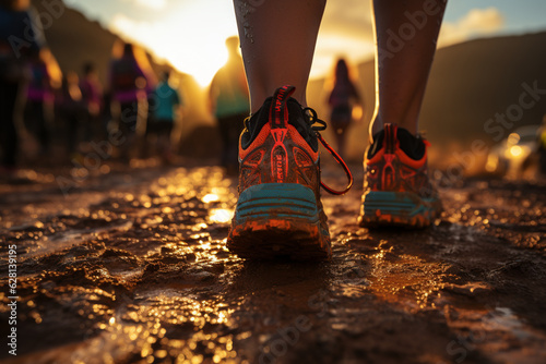 Sun rise trail run, Closeup of runner group's legs, seaside delight. Generative AI
