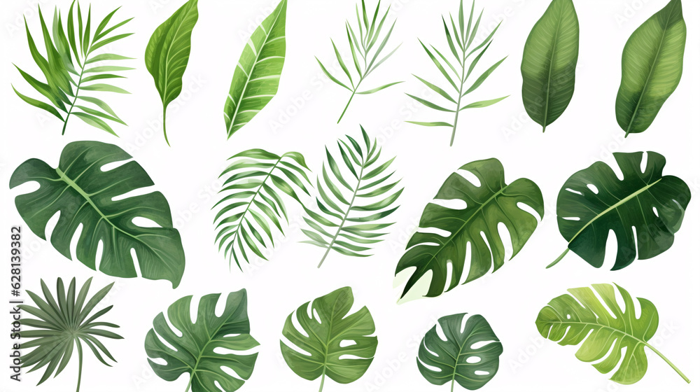 Different tropical leaves isolated on white background