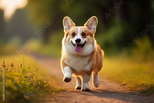 A corgi dog runs along a path in the forest