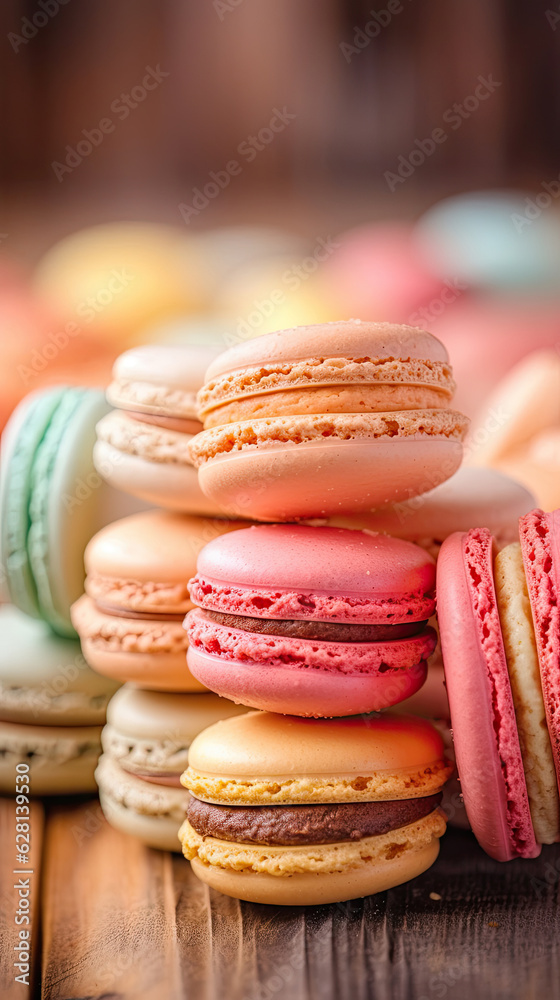 Colorful french macarons background, close up. Different colorful macaroons background. Tasty sweet color macaron