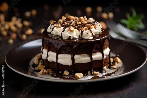 Chocolate cake with nuts and cream