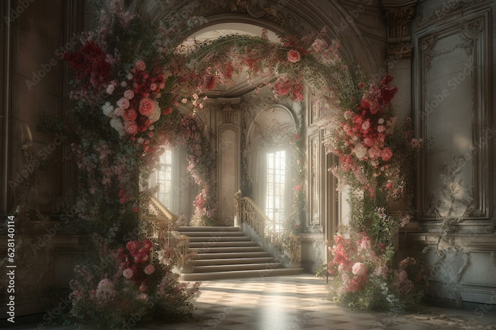 A lavish archway adorned with flowers welcomes visitors to a palace. Generative AI