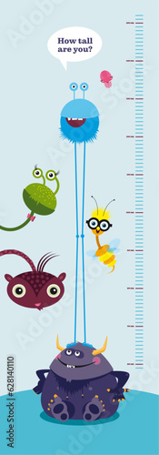 Cute monsters, colorful vector illustration graphic, characters, for the measurement height of children, centimeter, chart, nursery room interior, growth, great for girls and boys (ID: 628140110)