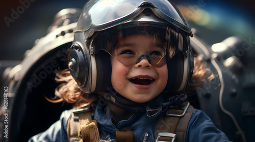a boy dressed as a pilot is pretending to fly an imaginary plane © ginstudio