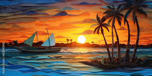 AI Generated. AI Generative. Sunset island tropical paradise palms sea ocean vacation boat sail poster. Oil draw paint paper watercolor graphic style. Graphic Art