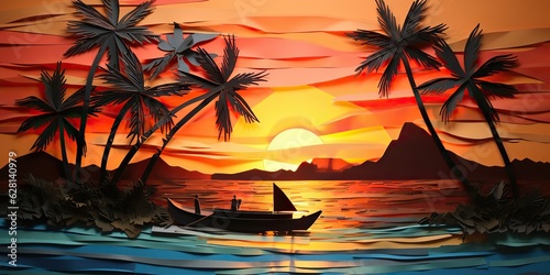 AI Generated. AI Generative. Sunset island tropical paradise palms sea ocean vacation boat sail poster. Oil draw paint paper watercolor graphic style. Palms trees and sail boat