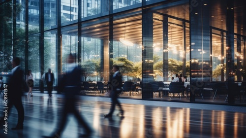 Blurred business people walk fast movement with meeting room in modern office building in dark tone  Generative AI