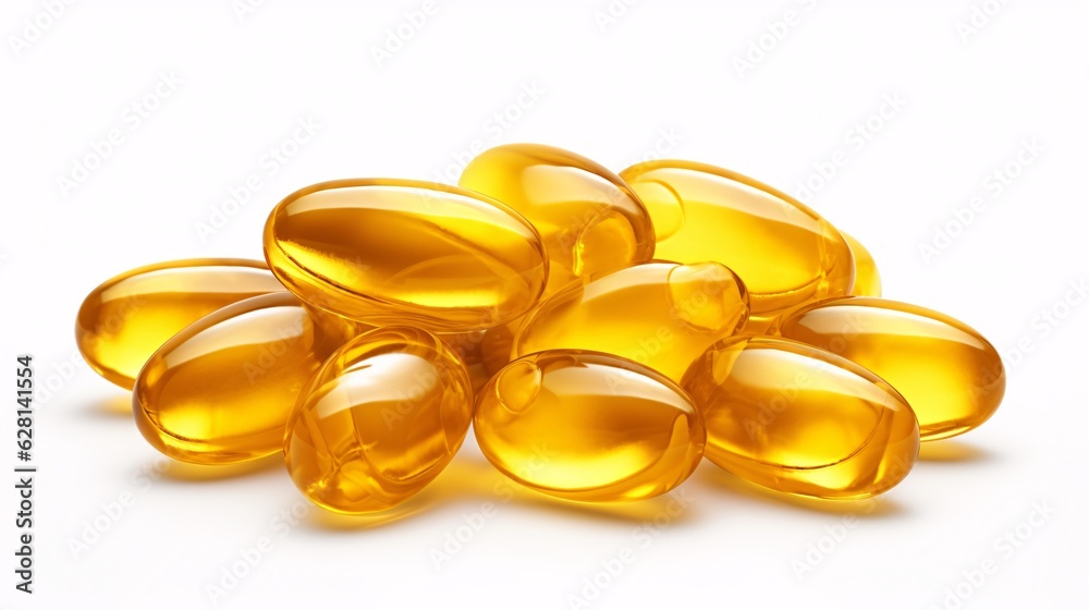 Advertising. Fish oil soft gel capsules isolated on white background. Omega 3 tablets.