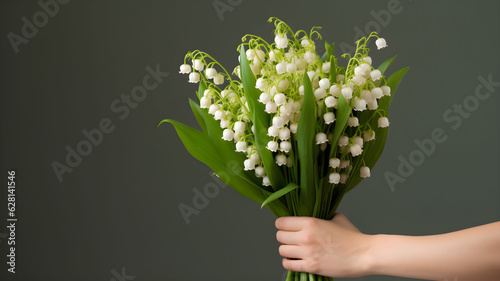Lily of the valley, hand holding a bouquet, offering a bouquet, gifting flowers, flowers on a grey background, lilies, first may, 1er mai, fête du travail, green leaves, wild flowers, no background