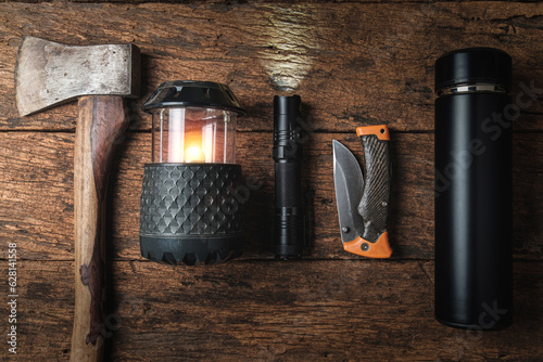 Set of camping Equipment in wild survival.
